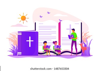 Children studying christianity. Teacher and kids in christian camp reading bible. Religious summer camp, faith based camp, religious education concept. Vector isolated concept creative illustration