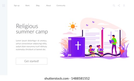 Children studying christianity. Teacher and kids in christian camp reading bible. Religious summer camp, faith based camp, religious education concept. Website homepage header landing web page