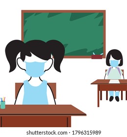 Children studying in the classroom with face masks vector illustration design