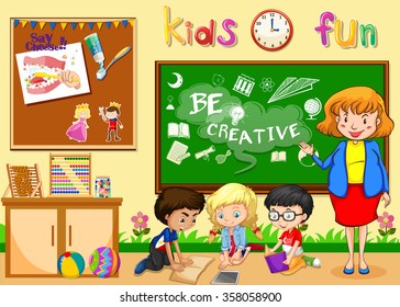 Children studying in classroom illustration