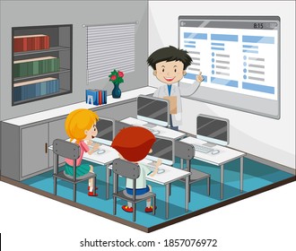 Children studying in the computer room with a teacher illustration