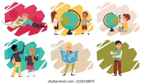 Children studying geography set of decorative banners or stickers, flat cartoon vector illustration isolated on white background. Geography studying and kids education.