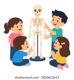Children Studying Human Skeleton Model During Interactive Anatomy Lesson