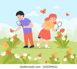 Children studying insects and flowers with magnifying glass. Curious school boy and girl exploring forest, park, garden flat vector illustration. Education, nature, spring or summer, discovery concept