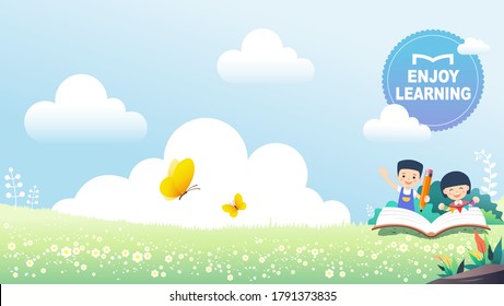 Children studying, kids reading books in the park. Natural landscape background, vector illustration.