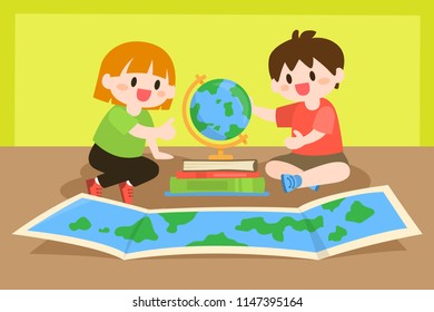 Children Studying, Learning Geography with Globe and Map Illustration