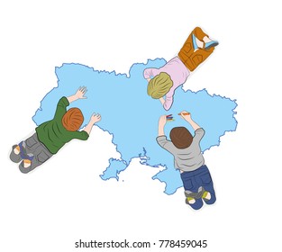children are studying the map of Ukraine lying on it. vector illustration.