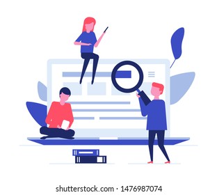Children studying online - flat design style colorful illustration. Composition with students, boys, girls at a big laptop, reading, searching for the information. Computer science, education concept
