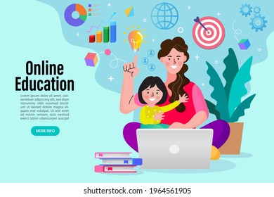 Children studying online on the computer With his mother watching nearby. Woman work on laptop, stay at home, and take care of their children. Remote learning. online education classes. vector