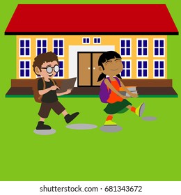 Children studying outside classroom Illustration
