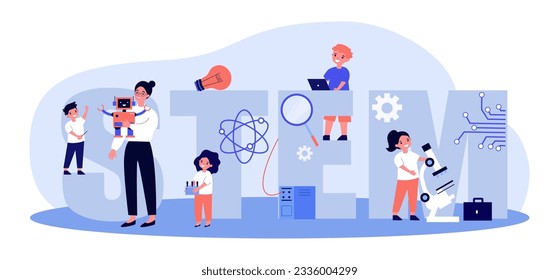 Children studying science and engineering vector illustration. Cartoon drawing of STEM education scene, kids programming and making robots. Education, technology, programing, AI concept