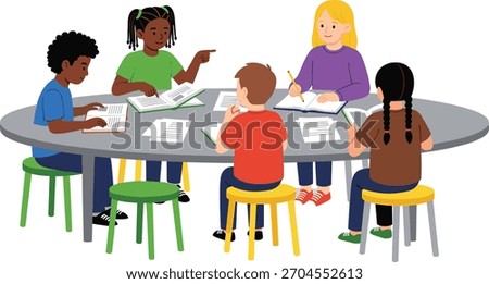 Children studying together at classroom table, collaborative learning, diverse students, group activity, education teamwork, school kids reading, writing, discussing academic materials
