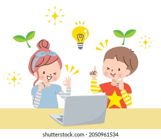 Children studying together on a computer