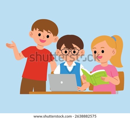 children studying together, young student doing group work with laptop and book illustration