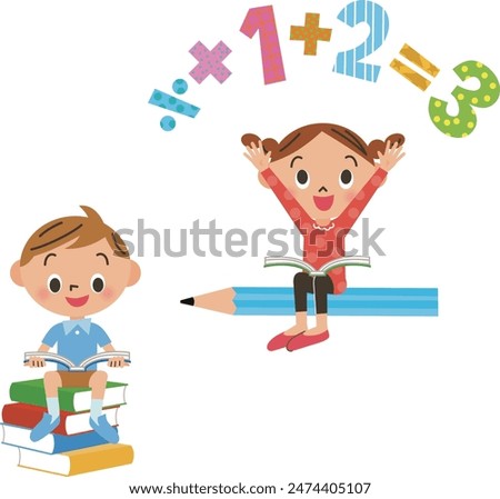 Children studying while sitting on large pencils and books