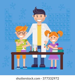 Children are studying and working in chemistry lab