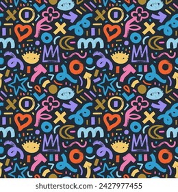 Children style colored seamless pattern with bold brush drawn doodle shapes. Hand drawn organic naive shapes and lines. Girly creative abstract background with crowns, hearts, various quirky figures.