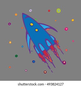Children style drawing of flying rocket. Spaceship or rocket in open space. Vector Illustration
