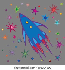 Children style drawing of flying rocket. Spaceship or rocket in open space. Vector Illustration