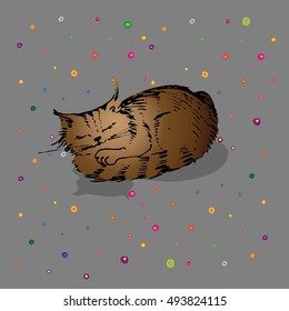Children style drawing of sleeping cat. Cat rolling around in ball while drowsing . Vector Illustration