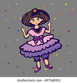 Children style drawing of toy Cute doll in ballet dress with princess crown. Vector Illustration