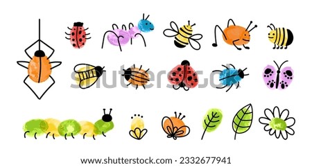 Children style fingerprint art insects. Decorative paint childish graphic, kids drawing spider, bugs, bee. Nursery game vector elements