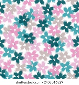 Children style floral doodle background, funny basic nature shapes wallpaper. Floral in blue, green and orange. 