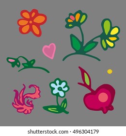 Children style floral pattern. Drawing of colorful petals, leaves and flowers. Vector Illustration