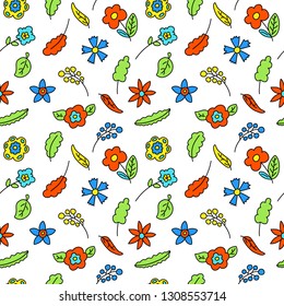 Children style vector seamless pattern with colorful floral decor. Flower leaf wallpaper. Kid birthday wrapping paper. Colorful seamless pattern tile for children design. Festive doodle tileable print