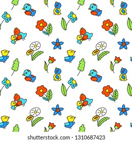 Children style vector seamless pattern with flowers and birds. Playful wallpaper swatch. Kid birthday wrapping paper. Colorful seamless pattern tile for children design. Festive doodle tileable print
