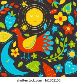 Children style vector seamless pattern with bird, sun, hearts, stars, flowers and leaves on black background