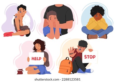Children Subjected To Domestic Violence Suffer From Emotional, Physical And Psychological Trauma. Concept of Kids Abuse Problem with Boys and Girls Characters. Cartoon People Vector Illustration