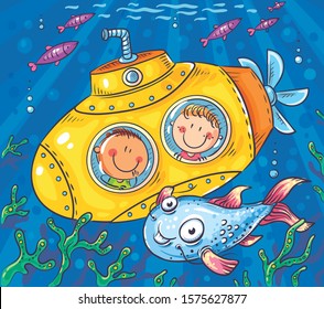 Children in a submarine explore the underwater world, Vector, Childs Drawing