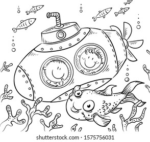 Children in a submarine explore the underwater world, Vector, outline