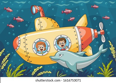 Children in a submarine explore the underwater world. Vector illustration with separate layers.