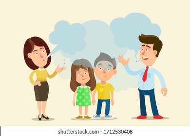 Children suffer from cigarettes smoke from smoking parents. Kids passive smokers, harm for health. Vector illustration, flat cartoon style, isolated.