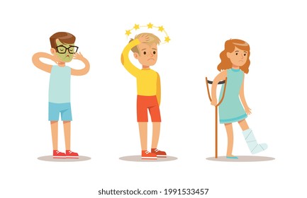 Children Suffering from Different Symptoms Set, Boy and Girl Having Nausea, Dizziness, Bone Fracture Cartoon Vector Illustration
