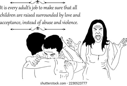 Children suffering due to mother father fight, Husband and wife fighting and teenager child sad, sad childhood sketch drawing illustration, children depression vector clip art