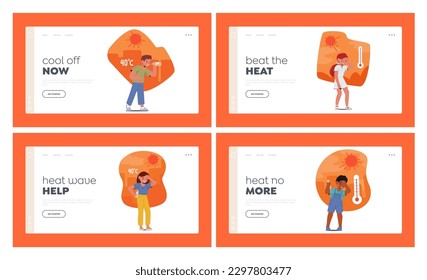 Children Suffering From Heat Landing Page Template Set. Kids Sweating, Dehydrated, Exhausted, Vulnerable To Heatstroke, A Dangerous Condition That Can Lead To Death. Cartoon People Vector Illustration