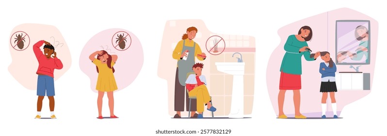 Children suffering from pediculosis symptom and hair scalp itching, mother caring for kids applying medicated shampoo combing hairline isolated cartoon scene. Getting rid of lice vector illustration