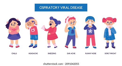 Children suffering from symptoms of flu flat horizontal poster vector illustration