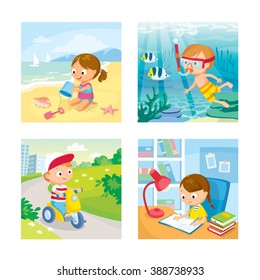 children with summer background, riding bike, swimming, studying, playing on the beach