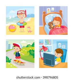 children with summer background, riding bike, swimming, studying, playing on the beach