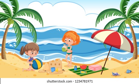 Children at summer beach illustration