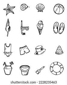 Children summer beach. Set of elements. Holidays family vacation on beach. Sea or lake. For children to relax and have fun. Outline hand drawn sketch. Drawing with ink. Isolated on white background