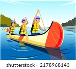 Children in summer camp Boat trip on the river Colorful illustration of children's summer vacation Water sport competition Teenagers in yellow life jackets with paddles in a kayak Vector