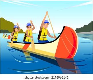 Children in summer camp Boat trip on the river Colorful illustration of children's summer vacation Water sport competition Teenagers in yellow life jackets with paddles in a kayak Vector