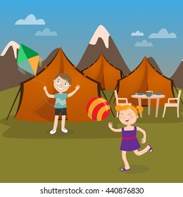 Children Summer Camp. Boy Launches Kite. Girl playing Ball. Vector illustration