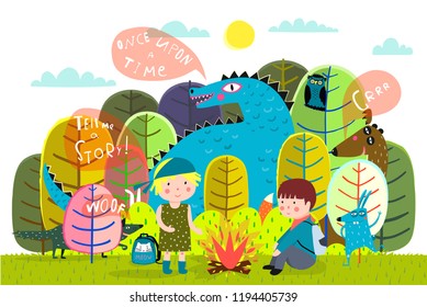 Children summer camp fire and storytelling. Magic forest kids camping with animals in the forest.