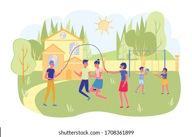 Children Summer Camp Playground or Yard with Boys and Girls Cartoon Characters Playing DIfferent Active Games. School Vacations Rest, Leisure and Recreation Organization. Flat Vector Illustration.